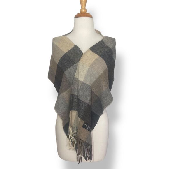 Italian Woolen Treasures Wool Scarf Shawl Pure Lambswool Brown Grey Check Unisex - Picture 2 of 8